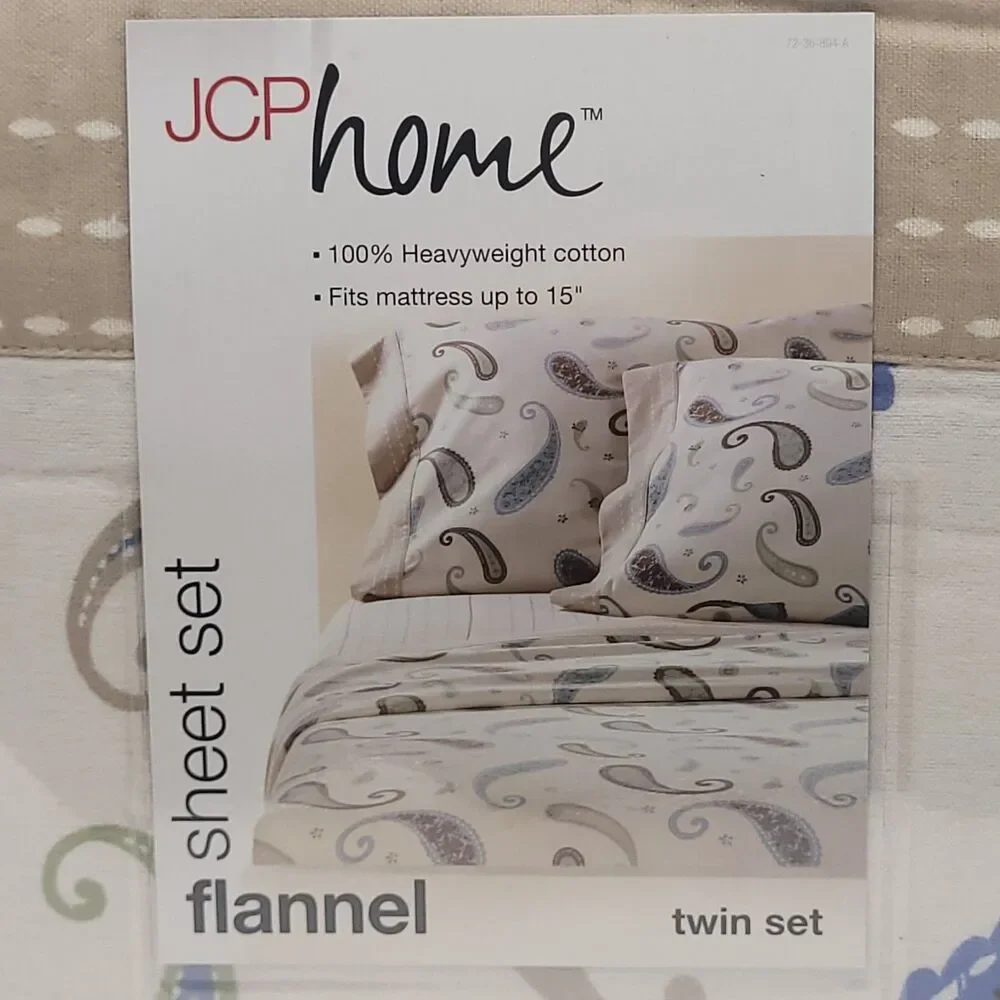 JCP Home Flannel Sheet Set Twin Size with Paisley Design on Neutral Background